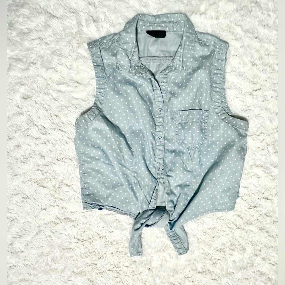 TOPSHOP Blue and White Polka Dot Crop Top Tie Front